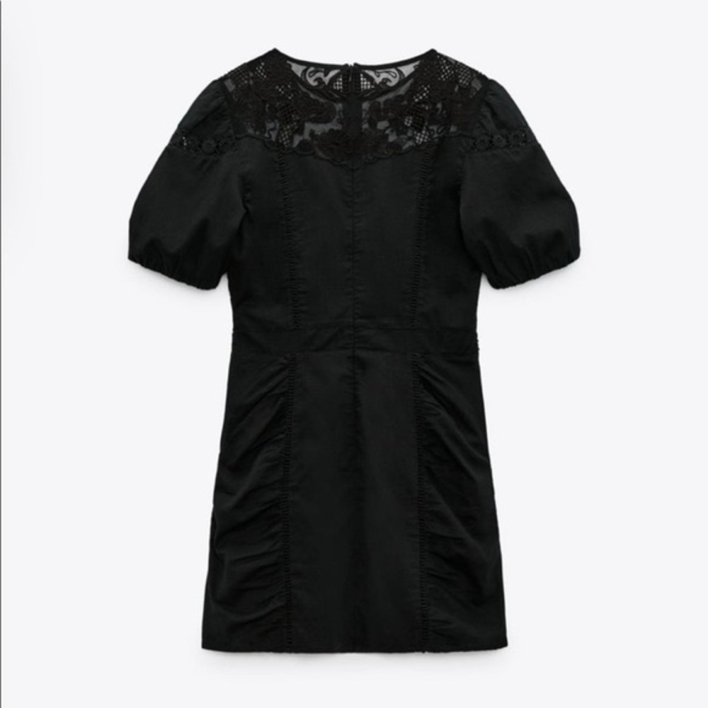 NWOT- ZARA Mixed Material Black Lace Ruched Side Mini Dress Boho Embroidered